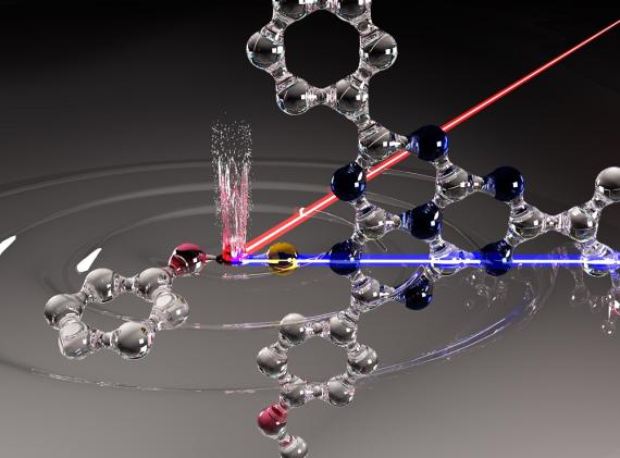 This depiction shows the photon-driven homolytic cleavage of an O-H bond by a heptazine molecule relevant for understanding the photo-oxidation of water following excitation by two different laser pulses.