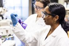 Two scientists at a bench.