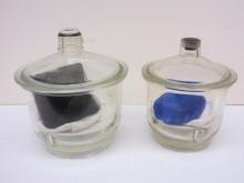 large Chrome Alum and Copper Sulfate crystals, each in a large glass jar