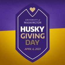 decorative image - a "badge" with purple and gold background and text "University of Washington Husky Giving Day April 6, 2023"