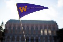 UW pennant in front of Suzzallo Library