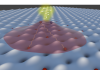 A cartoon depiction of the light-induced ferromagnetism that the researchers observed in ultrathin sheets of tungsten diselenide and tungsten disulfide. 