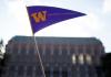 UW pennant in front of Suzzallo Library