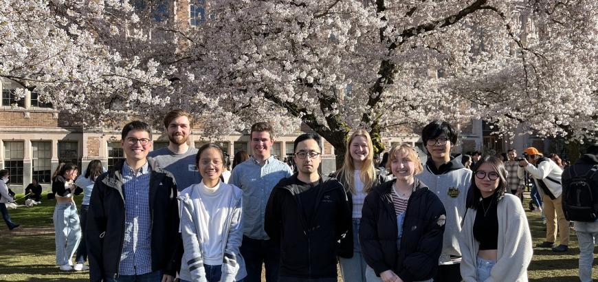 A group of people stand in front of a cherry blossom tree in full bloom.